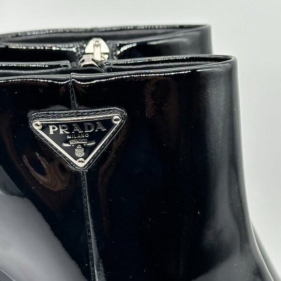 PRADA Triangle Logo Patent Leather Block Heel Ankle Booties Boots Shoes - Picture 8 of 16